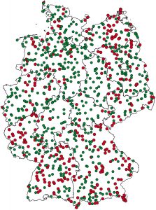 Lage der 2005 besetzten Bundesflächen (grün) und Landesflächen (gelb). 